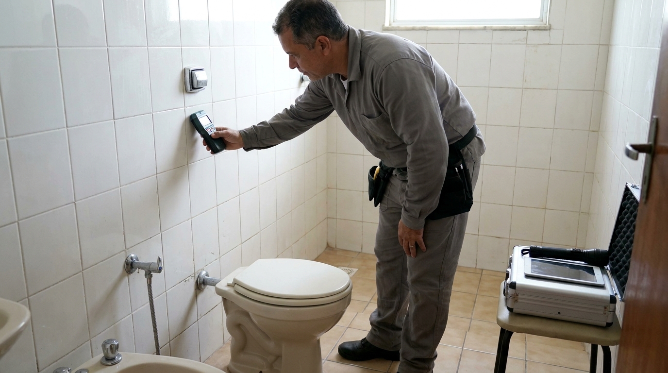 Técnico de caça vazamento analisando tubulação em Rio Claro‑SP