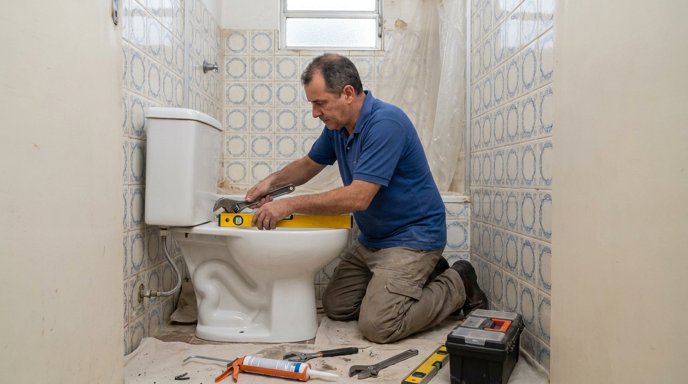 Técnico instalando vaso sanitário em Rio Claro‑SP